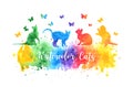 Cute colorful watercolor cat silhouettes playing with butterflies. rainbow vector watercolor splash eps 10