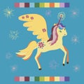 Cute colorfull magic unicorn with stars poster, greeting card, fabric, wallpaper, t-shirt. Miracle colorfull unicorn