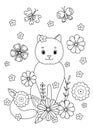 Cute coloring book with cat in flowers. Royalty Free Stock Photo