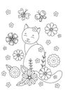 Cute coloring book with cat in flowers. Royalty Free Stock Photo