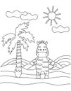 Cute coloring book with a funny Zebra, palm tree, sun. For the youngest children. Black sketch, simple shapes