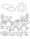 Cute coloring book with three funny piglets, sun, grass, trees. For the youngest children. Black sketch, simple shapes