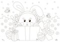 Cute coloring page for easter holidays with bunny character in gift box with flowers and bees in scandinavian style