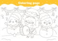 Cute coloring page with kawaii Christmas characters singing carols and playing drum