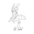 Cute coloring page for kids with cartoon fairy on mushroom. Cartoon vector illustration for children isolated on white Royalty Free Stock Photo