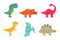 Cute colourful dino set. Kind smiling dinosaur collection. Cartoon graphic brontosaurus, tyrannosaurus rex, pterodactyl