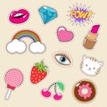 Cute colourful girl vector fashion patches. Lipstick, rainbow, diamond and strawberry icons Royalty Free Stock Photo