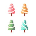 Cute colourful winter trees. Xmas Decoration in cartoon style. Winter holiday element. Vector illustration