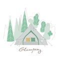 Cute and comfortable glamping tent with pillow, textile around forest. Vector illustration, lettering for merch, article Royalty Free Stock Photo