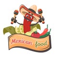 Cute comic character red chilli pepper with vegetables and maracas. Mexican food. Doodle drawn vector illustration for dishes,