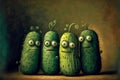 Cute comic cucumbers with big eyes, digital surreal painting