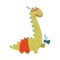 Cute comic dinosaur in American Indian costume. Adorable animal dressed for carnival or masquerade party cartoon vector