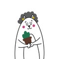 Cute comic grandmother cat. Old gray-haired granny smiles and holds a pot with a houseplant. Illustration for a photo portrait