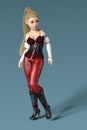 Cute gamelit style fantasy woman wearing a corset and red and black leather