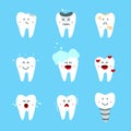 Cute comic teeth mascots, cartoon tooth characters. Children stomatology set, shiny and dirty dental elements. Unhappy