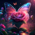 Cute Common Rose Butterfly hugging heart Beautiful fantasy flower rose with butterfly on a dark background. Vector illustration.