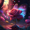 Cute Common Rose Butterfly hugging heart Fantasy background with a rose and a butterfly. Vector illustration. Generative AI
