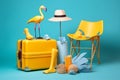 suitcase summer vacation yellow background flamingo fashion blue sunglasses concept travel. Generative AI.