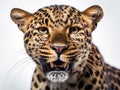 Cute confused wild leopard portrait and isolated white background Royalty Free Stock Photo