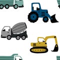 Cute construction machines seamless pattern for boys. Perfect for textile fabrics and apparel. Scandinavian style vector