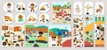 Cute construction site and road work cards set with funny kid builders, transport, bulldozer, tractor, truck, crawler crane, Royalty Free Stock Photo