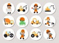 Cute construction site and road work round cards set with funny kid builders, transport, concrete mixer, tractor, animals. Vector Royalty Free Stock Photo