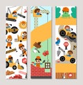 Cute construction site and road work vertical cards set with funny kid builders, transport, bulldozer, tractor, animals. Vector Royalty Free Stock Photo