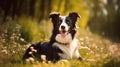 cute contented border collie dog lies on a sunny forest edge among flowers and herbs on a summer day