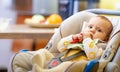 Cute contented little caucasian six-month-old girl sits in a child seat