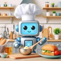 Cute cook robot cooking in the kitchen.