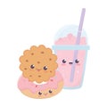 Cute cookie and donut milkshake kawaii cartoon character
