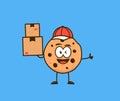 Cute cookies snack cartoon character mascot as delivery courier carry pile of parcel package box happily