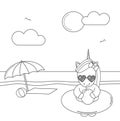Cute cool cartoon unicorn with sunglasses, float and coconut juice on the beach funny black and white summer vector illustration f