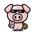 Cute and cool pig animal cartoon character holding bitcoin coin Royalty Free Stock Photo