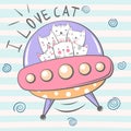 Cute, cool, pretty, funny, crazy, beautiful cat character. Ufo illustration.