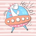 Cute, cool, pretty, funny, crazy, beautiful dino character. Ufo illustration.