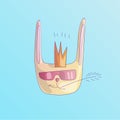 Cute cool rabbit with crown on his head, in sunglasses and chewing a blade of grass. Cute cartoon vector illustration