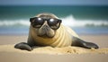 Cute cool seal or sea lion lay down on the summer beach and wearing sun glass in the morning with sunshine, young seal play by Royalty Free Stock Photo