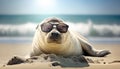 Cute cool seal or sea lion lay down on the summer beach and wearing sun glass in the morning with sunshine, young seal play by