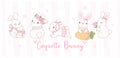 Cute Coquette bunnies with bow Cartoon banner, sweet Retro Happy Easter spring animal