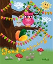 Cute coquettish owl with coffee sitting on a tree decorated with garlands, balloons, postcard, cartoon style for Royalty Free Stock Photo