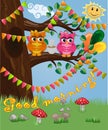 A cute flirtatious owl sits on a tree decorated with garlands, balloons, a postcard, a cartoon children's style, spring Royalty Free Stock Photo