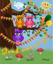 A cute flirtatious owl sits on a tree decorated with garlands, balloons, a postcard, a cartoon children's style, spring Royalty Free Stock Photo