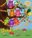 A cute flirtatious owl sits on a tree decorated with garlands, balloons, a postcard, a cartoon children's style, spring Royalty Free Stock Photo