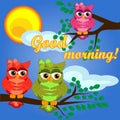 Cute coquettish owls with coffee sits on a tree decorated with garlands, balloons, postcard, cartoon children\'s style, spring. Royalty Free Stock Photo
