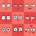 Cute coral and red square stickers valentines emoticons faces icons set Royalty Free Stock Photo