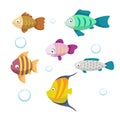 Cute coral reef fishes vector illustration icons set. Collection of funny colorful fish. Vector isolated cartoon characters. Royalty Free Stock Photo