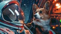 a cute corgi astronaut in a spaceship looking at a spacesuit, concept for Cosmonautics Day, astronomy, banner