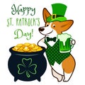 Cute corgi dog dressed as leprechaun, holding green beer mug, with pot of gold coins vector cartoon illustration. St. Patrick`s Royalty Free Stock Photo