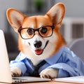 Cute corgi dog looking into computer laptop working in glasses and shirt Royalty Free Stock Photo